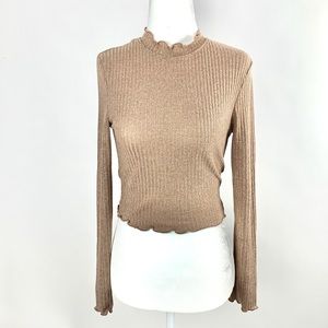Long sleeve lettuce trim mid neck top |Brown|Small